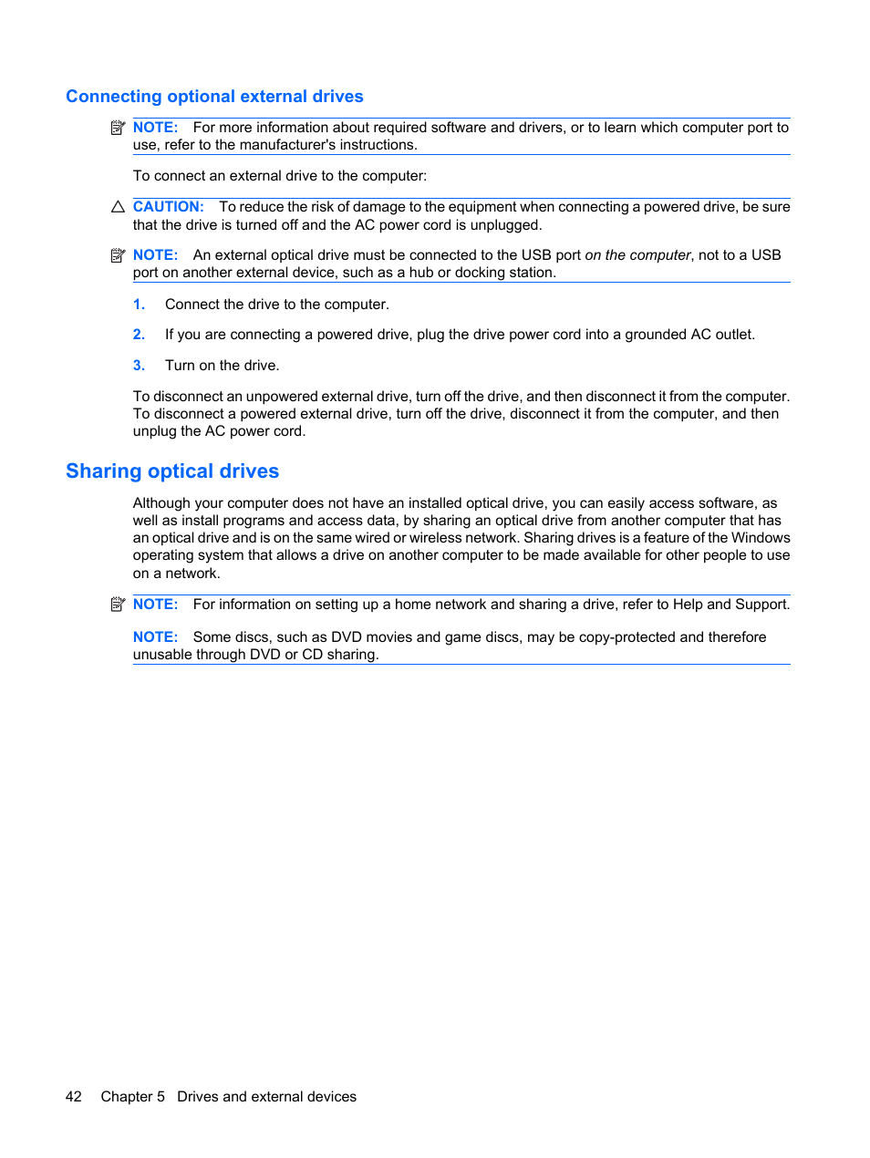 Connecting optional external drives, Sharing optical drives | HP Compaq Mini 311c-1140EI PC User Manual | Page 50 / 95