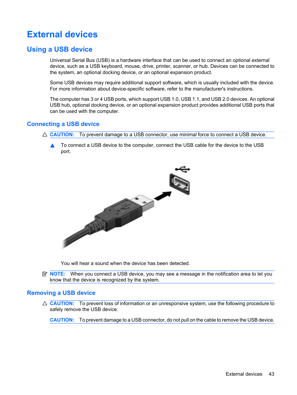 External devices, Using a usb device, Connecting a usb device | Removing a usb device, Connecting a usb device removing a usb device | HP Compaq Mini 311c-1140EI PC User Manual | Page 51 / 95