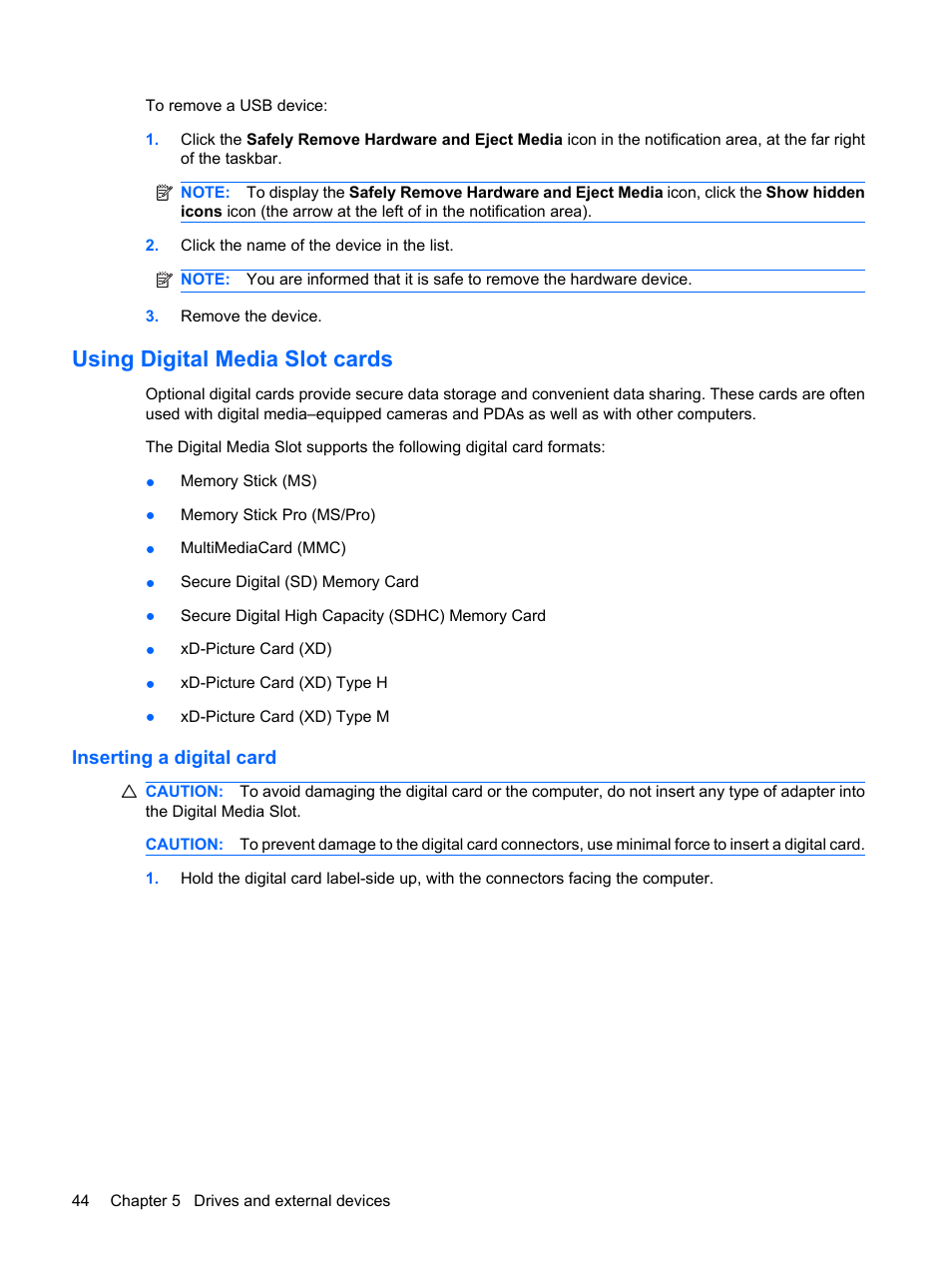 Using digital media slot cards, Inserting a digital card | HP Compaq Mini 311c-1140EI PC User Manual | Page 52 / 95