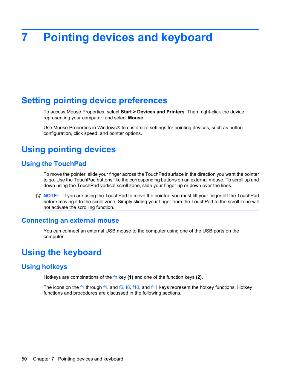 Pointing devices and keyboard, Setting pointing device preferences, Using pointing devices | Using the touchpad, Connecting an external mouse, Using the keyboard, Using hotkeys, 7 pointing devices and keyboard, Using the touchpad connecting an external mouse, 7pointing devices and keyboard | HP Compaq Mini 311c-1140EI PC User Manual | Page 58 / 95