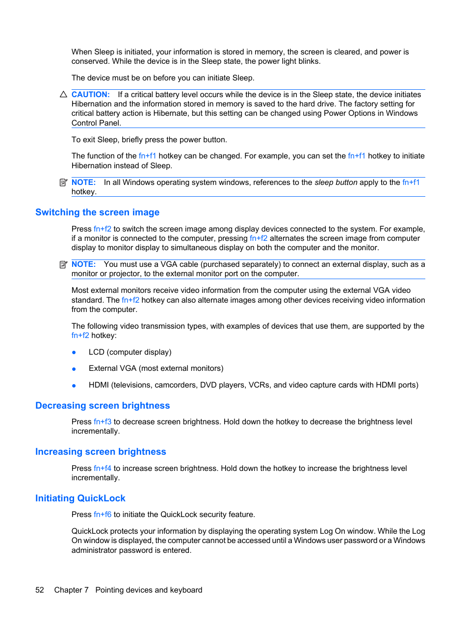 Switching the screen image, Decreasing screen brightness, Increasing screen brightness | Initiating quicklock | HP Compaq Mini 311c-1140EI PC User Manual | Page 60 / 95