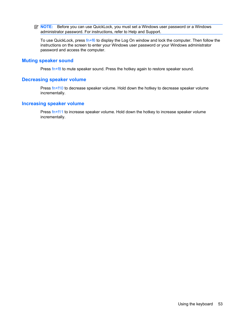 Muting speaker sound, Decreasing speaker volume, Increasing speaker volume | HP Compaq Mini 311c-1140EI PC User Manual | Page 61 / 95