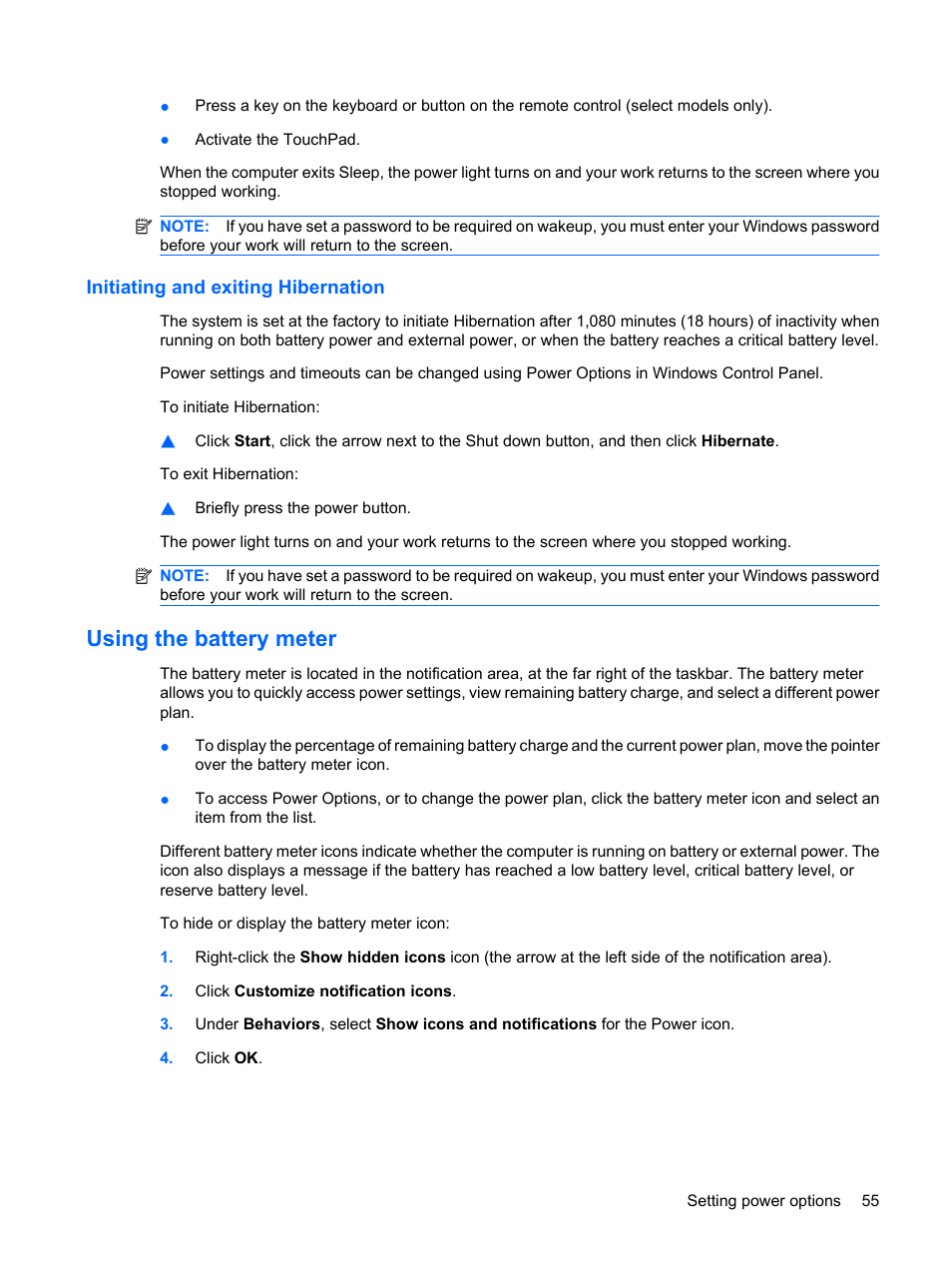 Initiating and exiting hibernation, Using the battery meter | HP Compaq Mini 311c-1140EI PC User Manual | Page 63 / 95