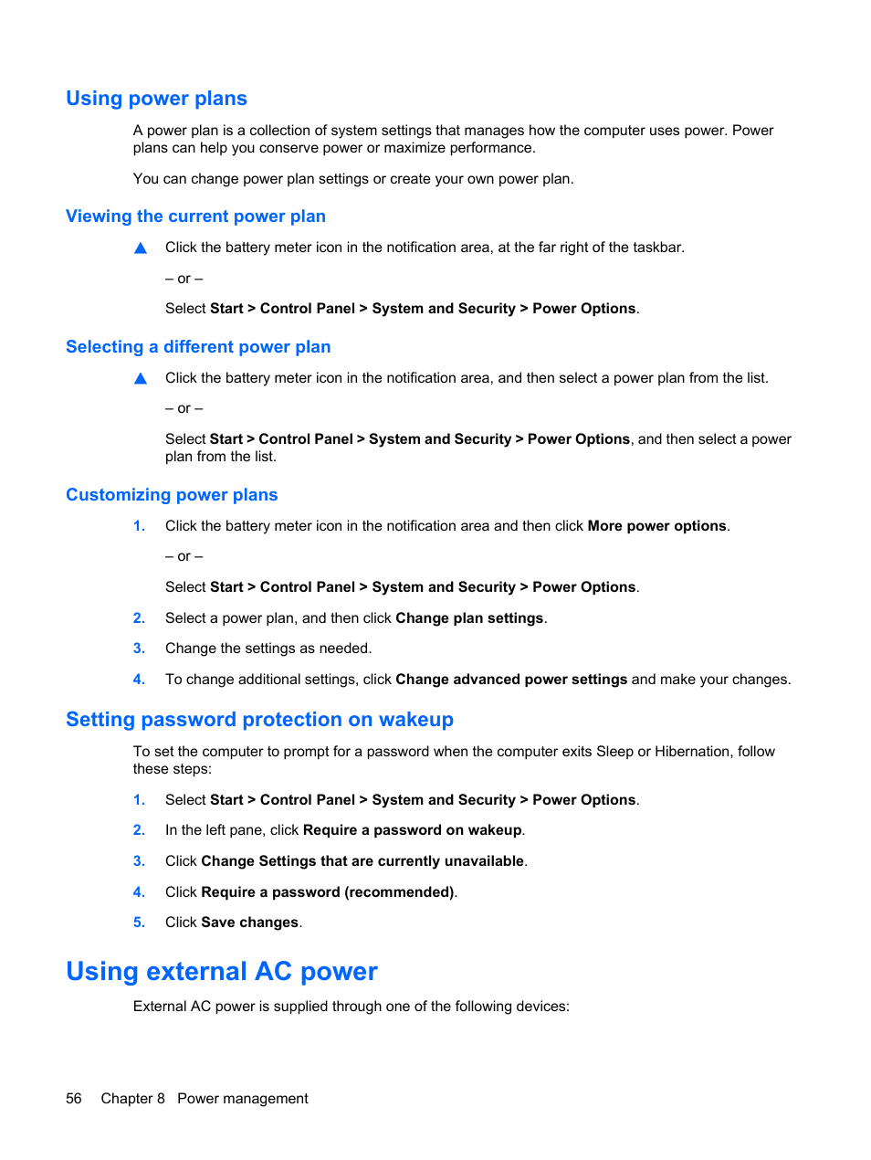 Using power plans, Viewing the current power plan, Selecting a different power plan | Customizing power plans, Setting password protection on wakeup, Using external ac power | HP Compaq Mini 311c-1140EI PC User Manual | Page 64 / 95