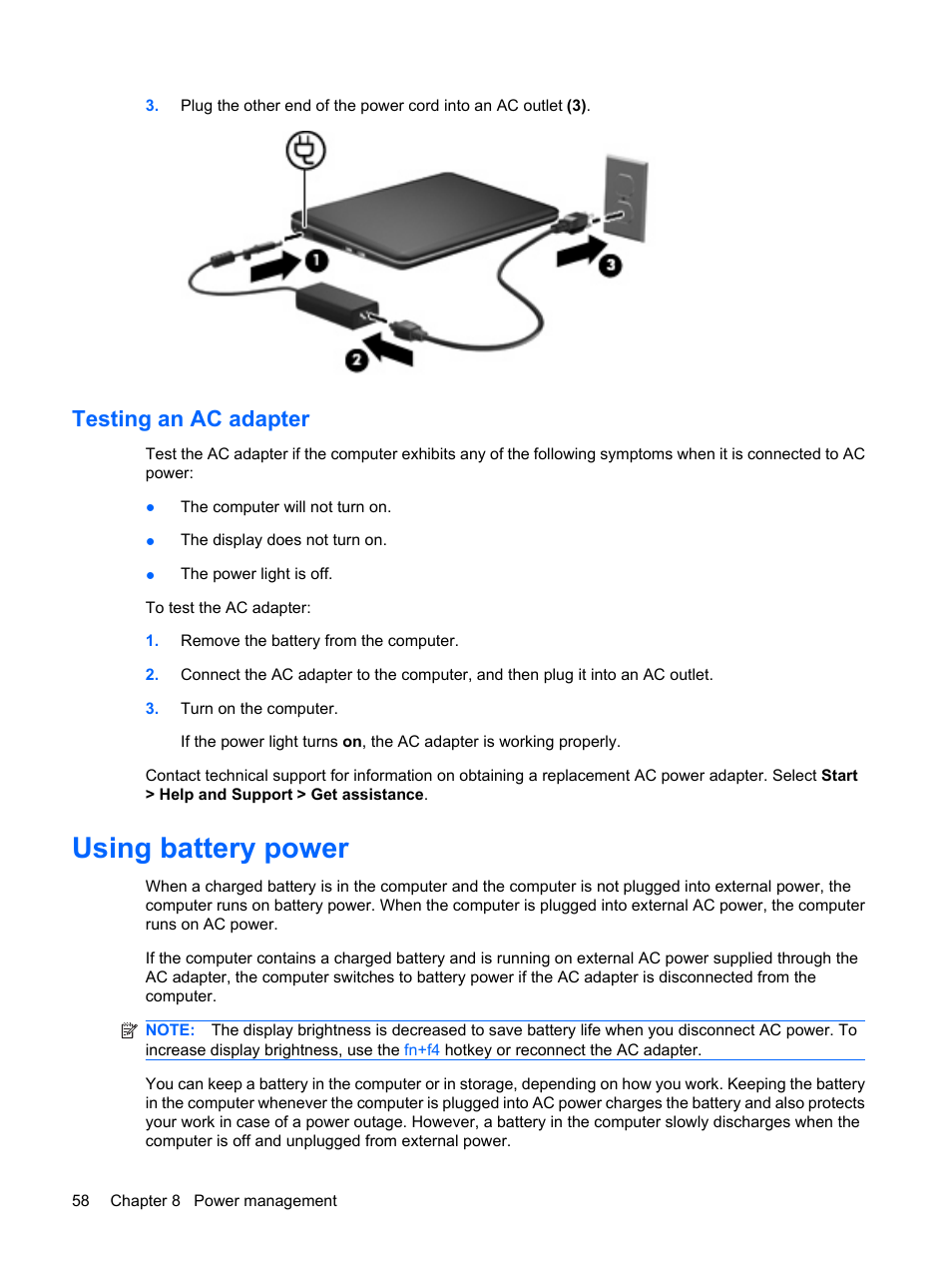 Testing an ac adapter, Using battery power | HP Compaq Mini 311c-1140EI PC User Manual | Page 66 / 95