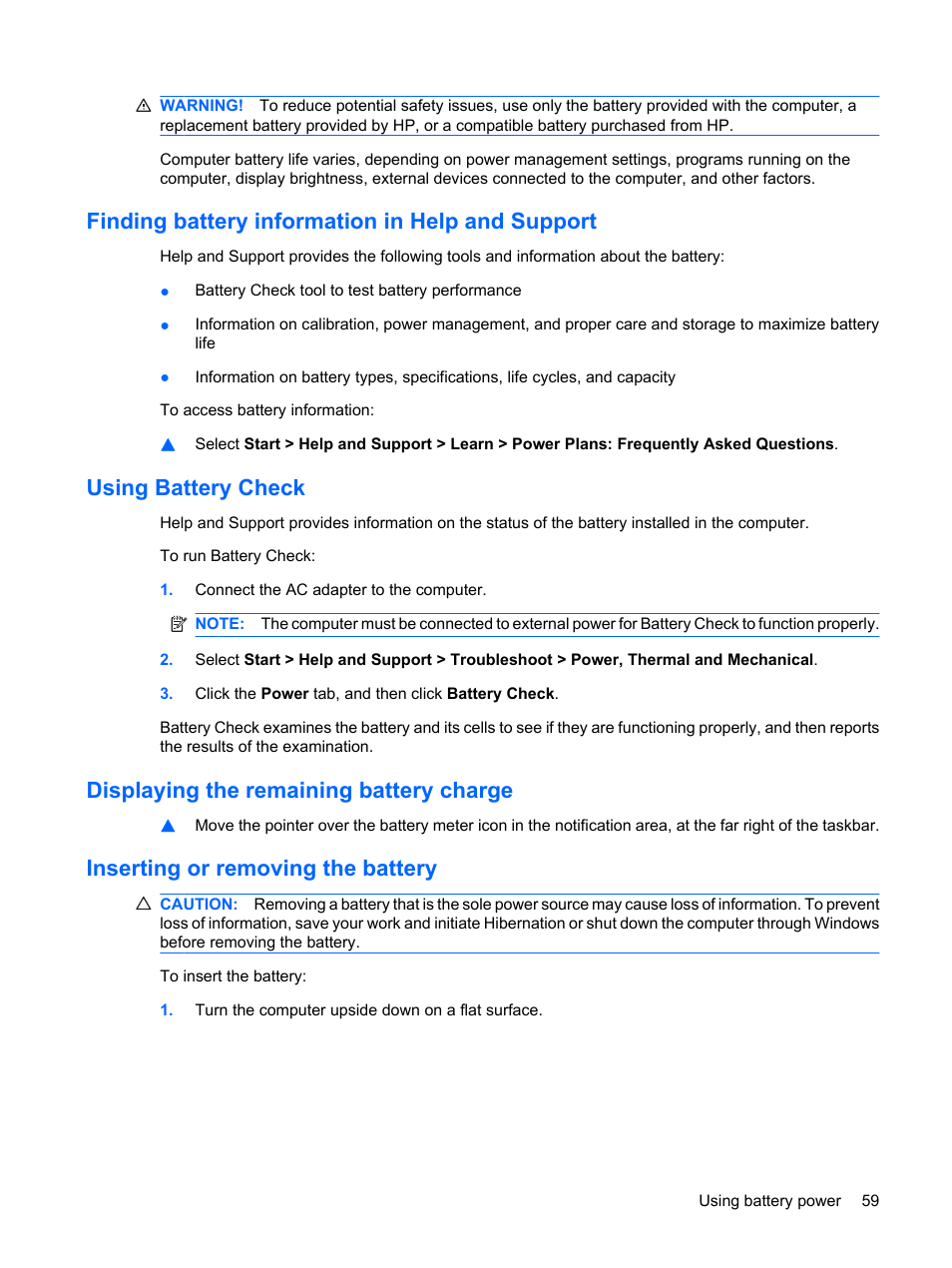 Finding battery information in help and support, Using battery check, Displaying the remaining battery charge | Inserting or removing the battery | HP Compaq Mini 311c-1140EI PC User Manual | Page 67 / 95