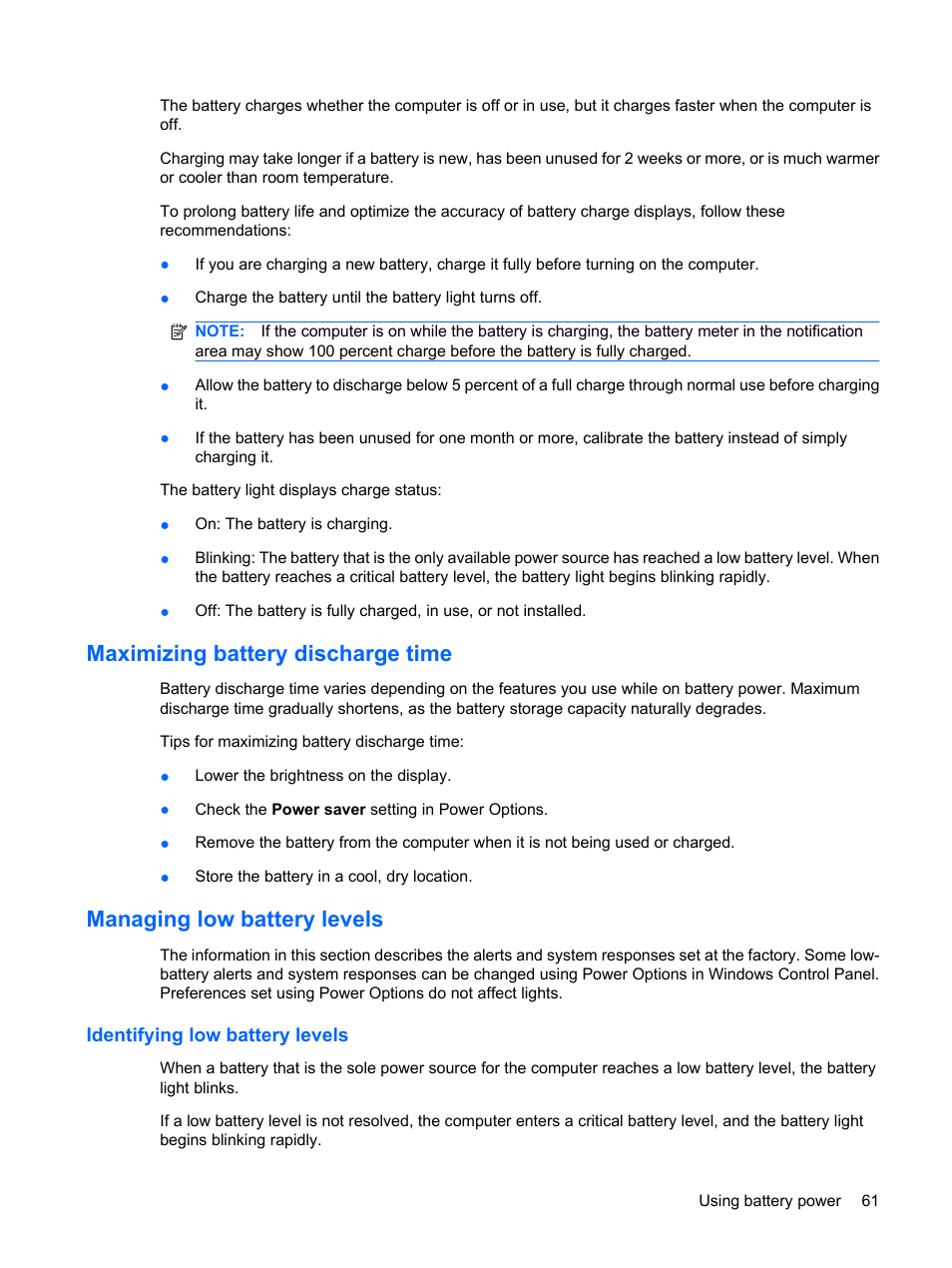 Maximizing battery discharge time, Managing low battery levels, Identifying low battery levels | HP Compaq Mini 311c-1140EI PC User Manual | Page 69 / 95