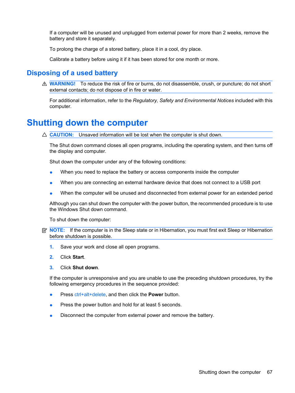 Disposing of a used battery, Shutting down the computer | HP Compaq Mini 311c-1140EI PC User Manual | Page 75 / 95