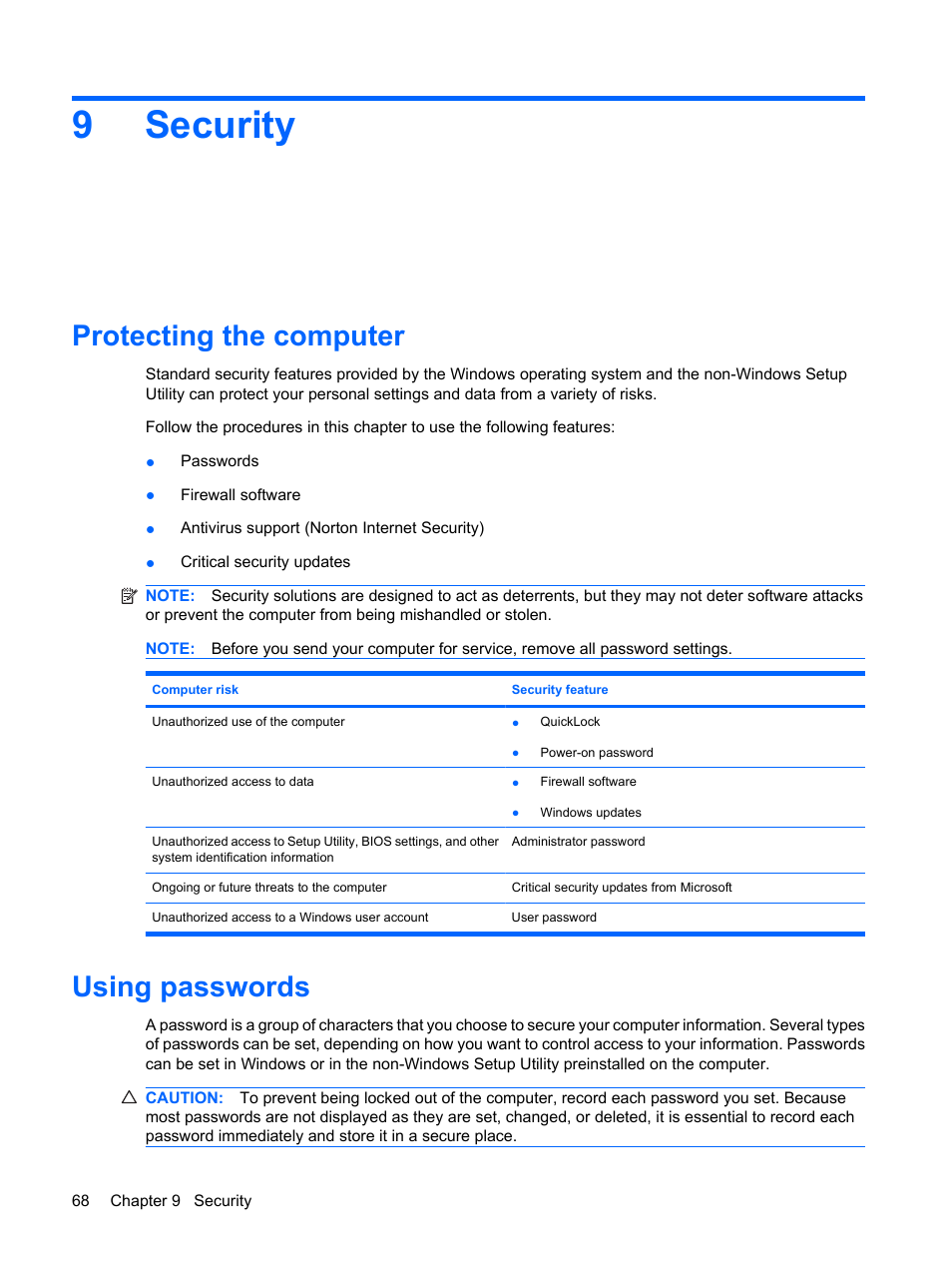 Security, Protecting the computer, Using passwords | 9 security, Protecting the computer using passwords, 9security | HP Compaq Mini 311c-1140EI PC User Manual | Page 76 / 95