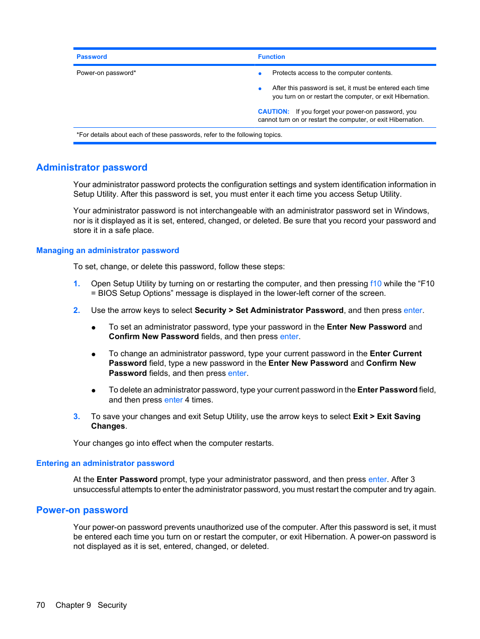 Administrator password, Managing an administrator password, Entering an administrator password | Power-on password | HP Compaq Mini 311c-1140EI PC User Manual | Page 78 / 95