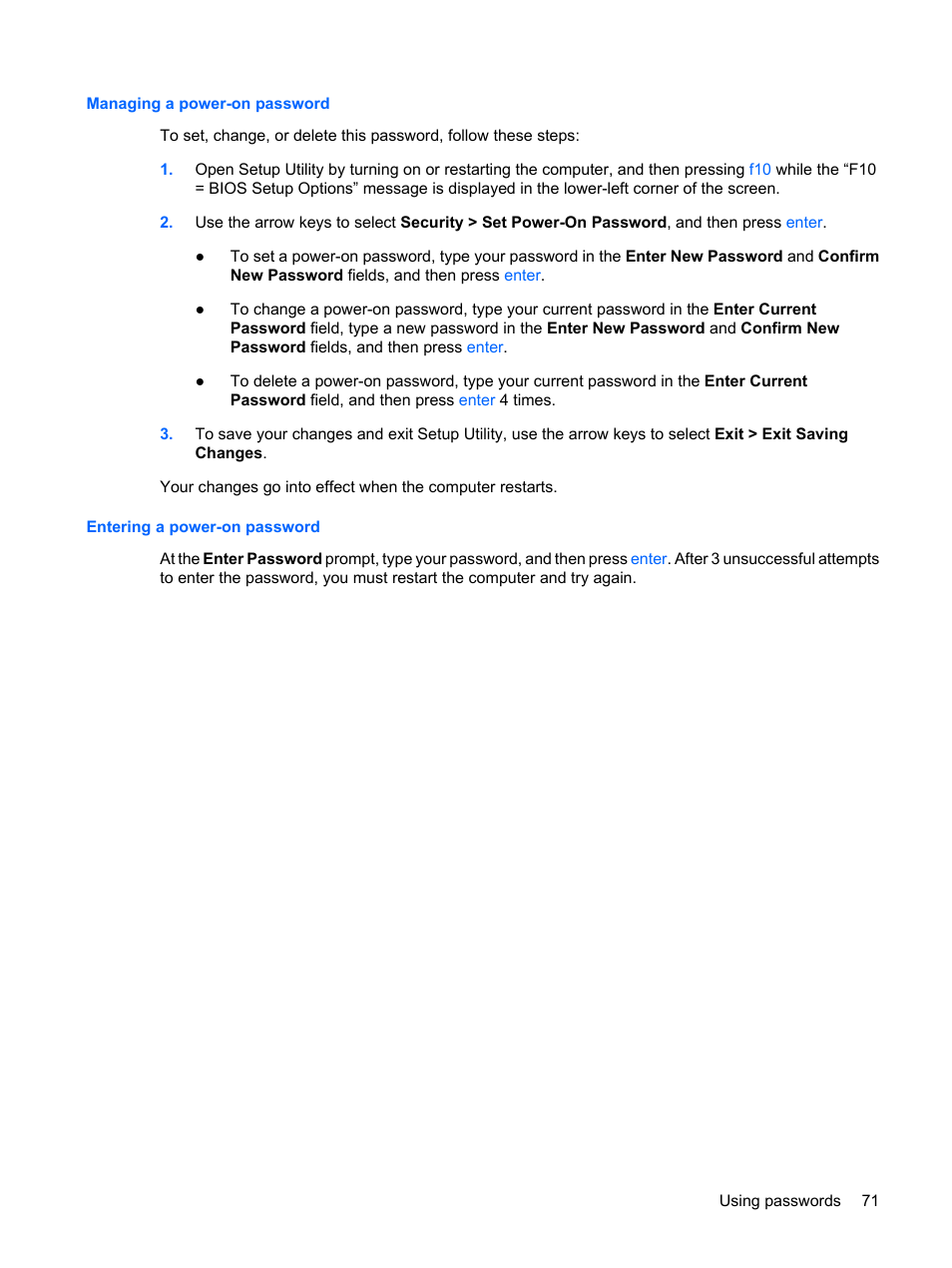 Managing a power-on password, Entering a power-on password | HP Compaq Mini 311c-1140EI PC User Manual | Page 79 / 95