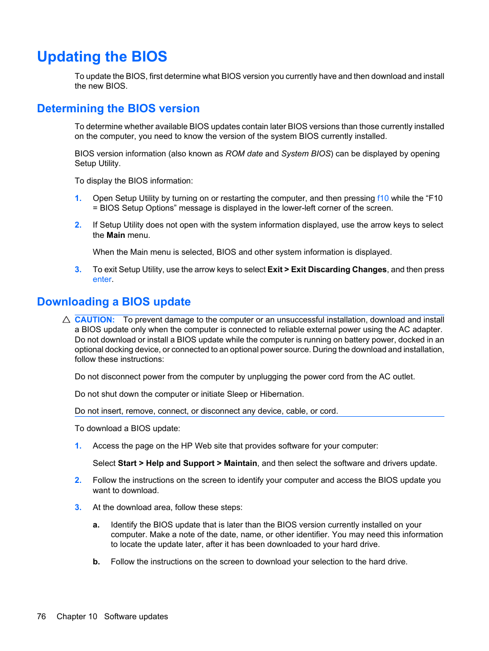 Updating the bios, Determining the bios version, Downloading a bios update | HP Compaq Mini 311c-1140EI PC User Manual | Page 84 / 95