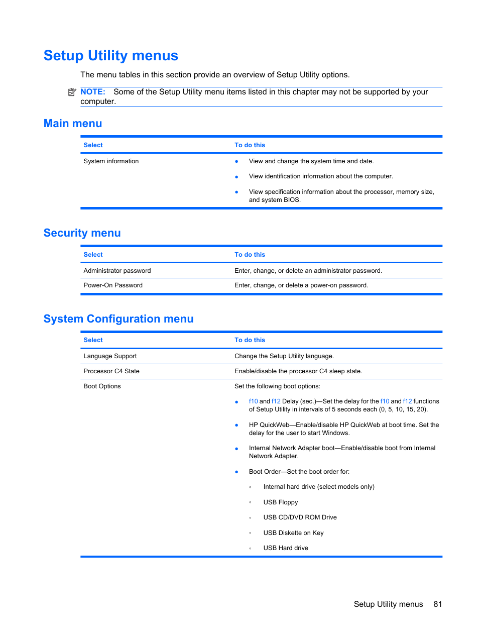 Setup utility menus, Main menu, Security menu | System configuration menu, Main menu security menu system configuration menu | HP Compaq Mini 311c-1140EI PC User Manual | Page 89 / 95