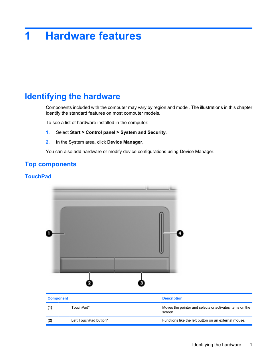 Hardware features, Identifying the hardware, Top components | Touchpad, 1 hardware features, 1hardware features | HP Compaq Mini 311c-1140EI PC User Manual | Page 9 / 95