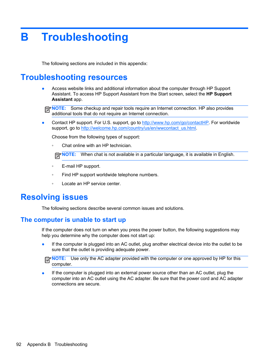 Troubleshooting, Troubleshooting resources, Resolving issues | The computer is unable to start up, Appendix b troubleshooting, Troubleshooting resources resolving issues, Btroubleshooting | HP ZBook 15 Mobile Workstation User Manual | Page 102 / 110