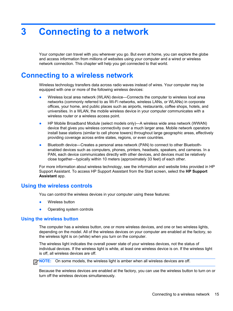 Connecting to a network, Connecting to a wireless network, Using the wireless controls | Using the wireless button, 3 connecting to a network, 3connecting to a network | HP ZBook 15 Mobile Workstation User Manual | Page 25 / 110