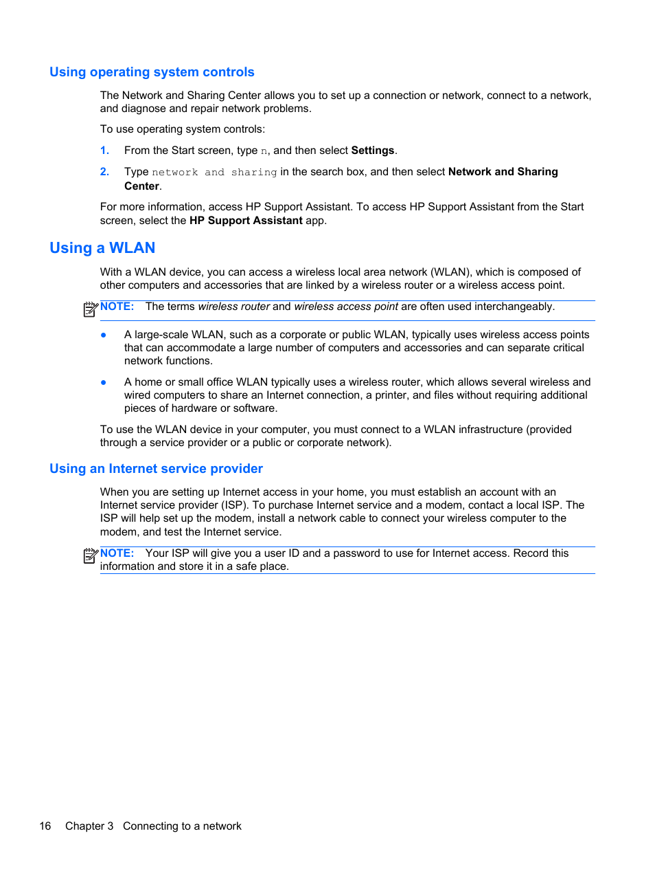 Using operating system controls, Using a wlan, Using an internet service provider | HP ZBook 15 Mobile Workstation User Manual | Page 26 / 110