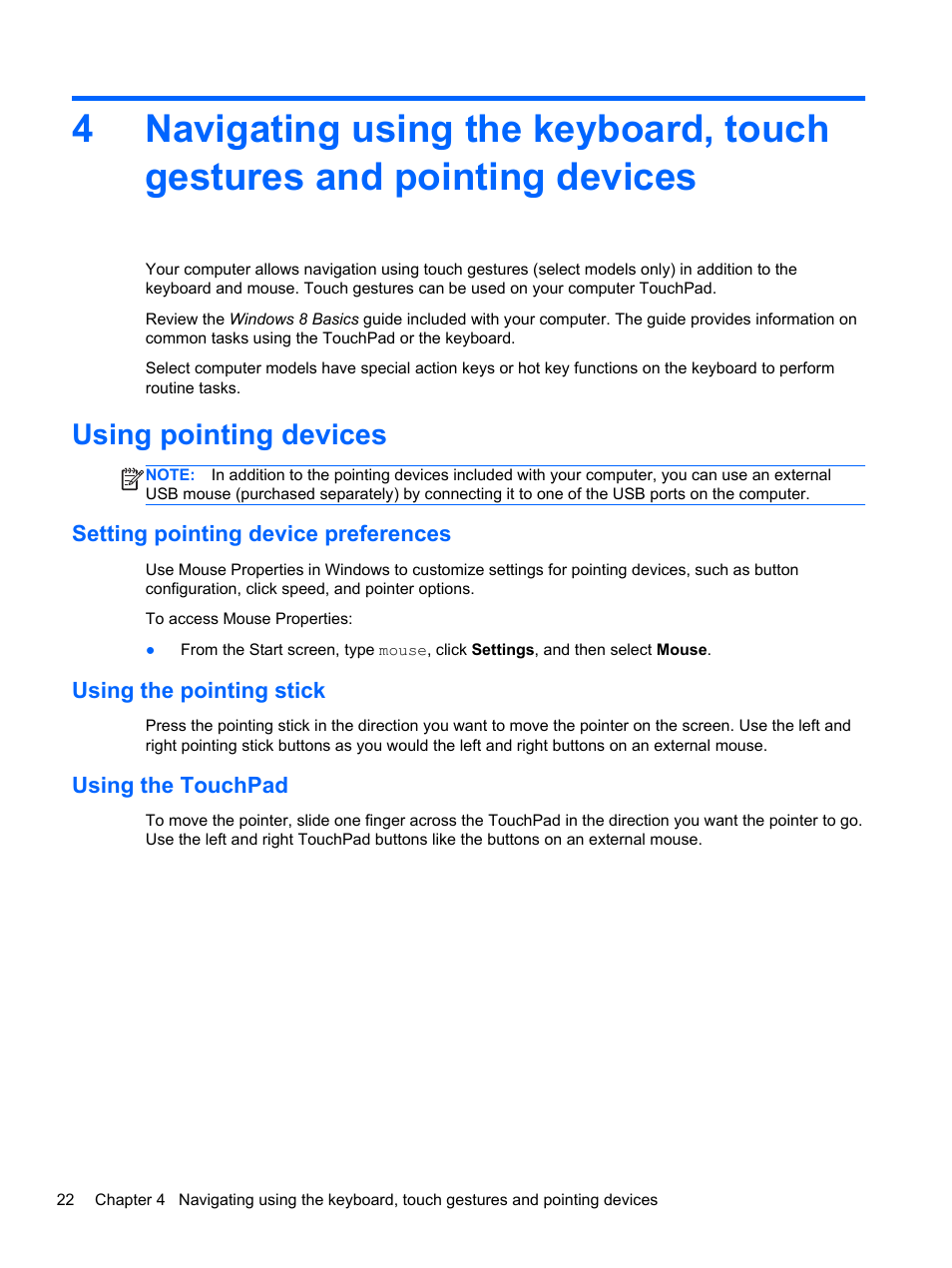 Using pointing devices, Setting pointing device preferences, Using the pointing stick | Using the touchpad | HP ZBook 15 Mobile Workstation User Manual | Page 32 / 110