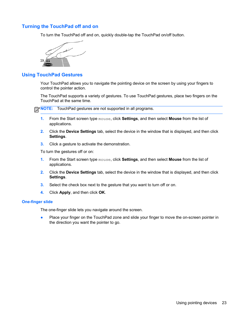 Turning the touchpad off and on, Using touchpad gestures, One-finger slide | HP ZBook 15 Mobile Workstation User Manual | Page 33 / 110