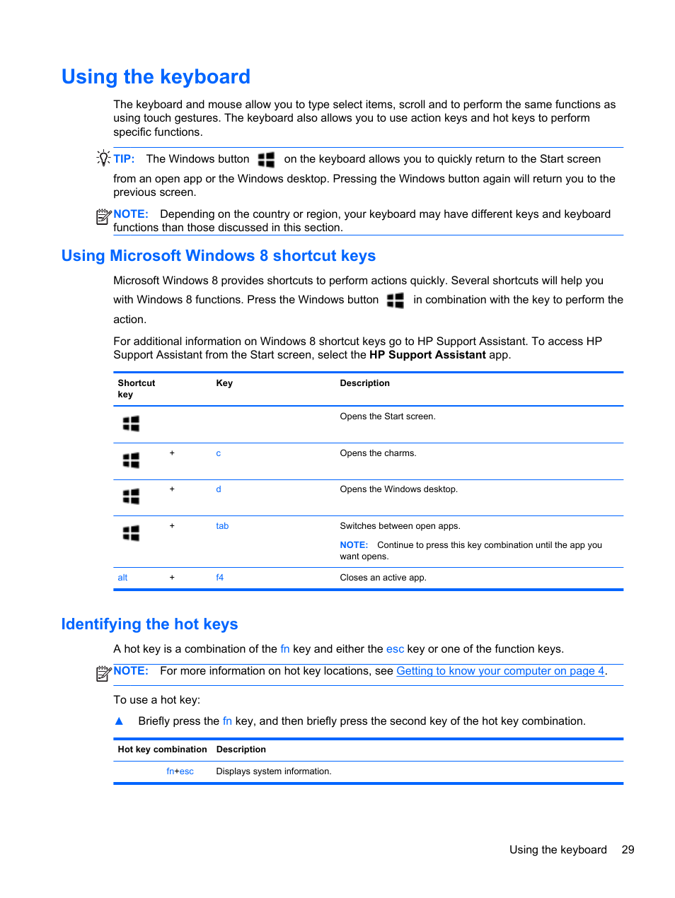 Using the keyboard, Using microsoft windows 8 shortcut keys, Identifying the hot keys | HP ZBook 15 Mobile Workstation User Manual | Page 39 / 110