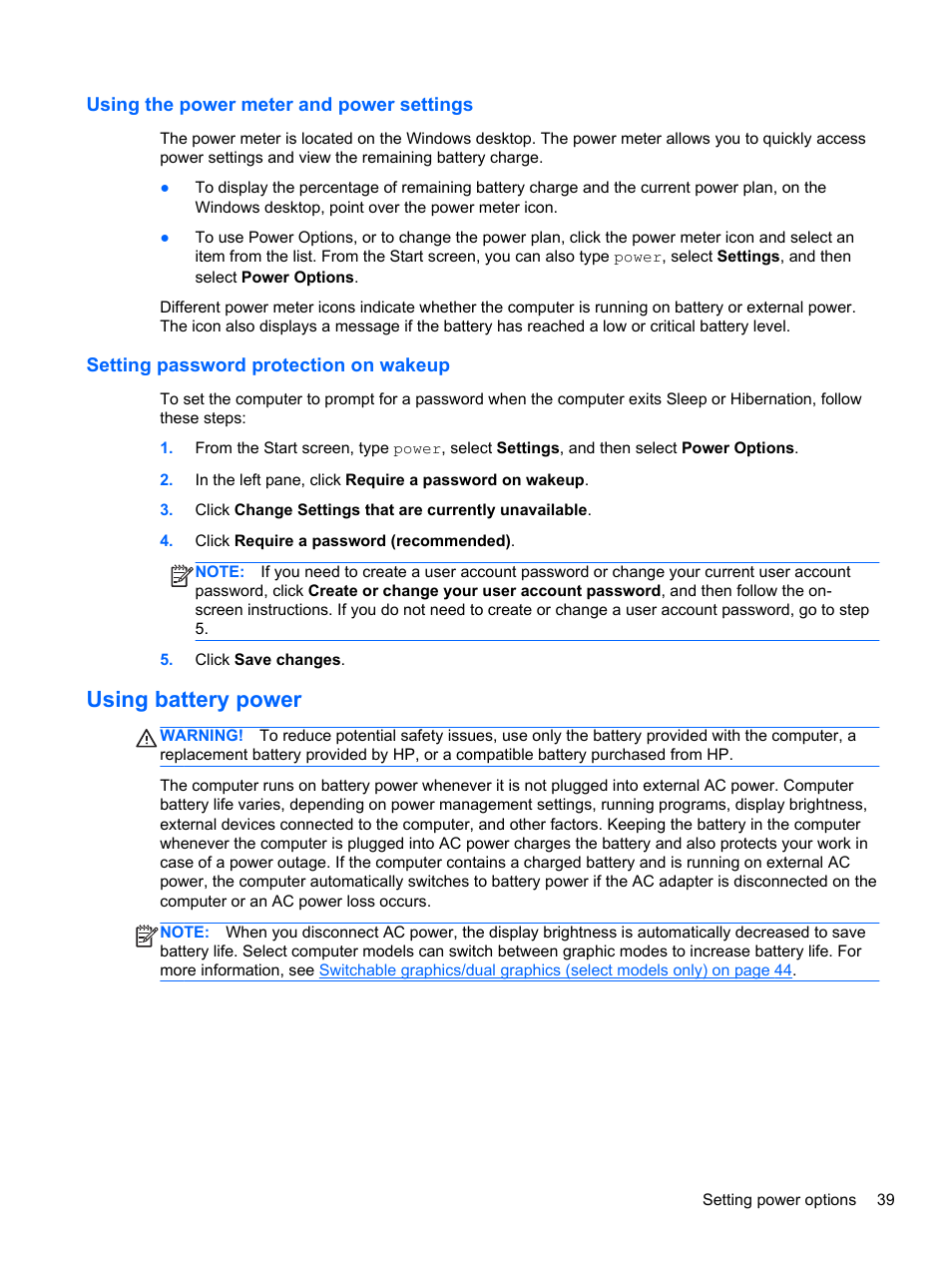 Using the power meter and power settings, Setting password protection on wakeup, Using battery power | HP ZBook 15 Mobile Workstation User Manual | Page 49 / 110