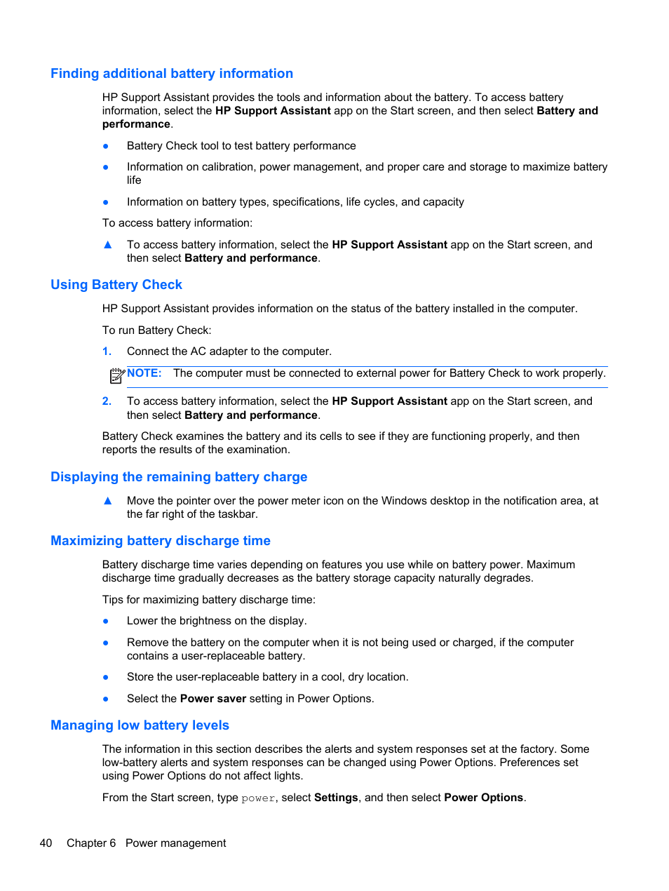 Finding additional battery information, Using battery check, Displaying the remaining battery charge | Maximizing battery discharge time, Managing low battery levels | HP ZBook 15 Mobile Workstation User Manual | Page 50 / 110