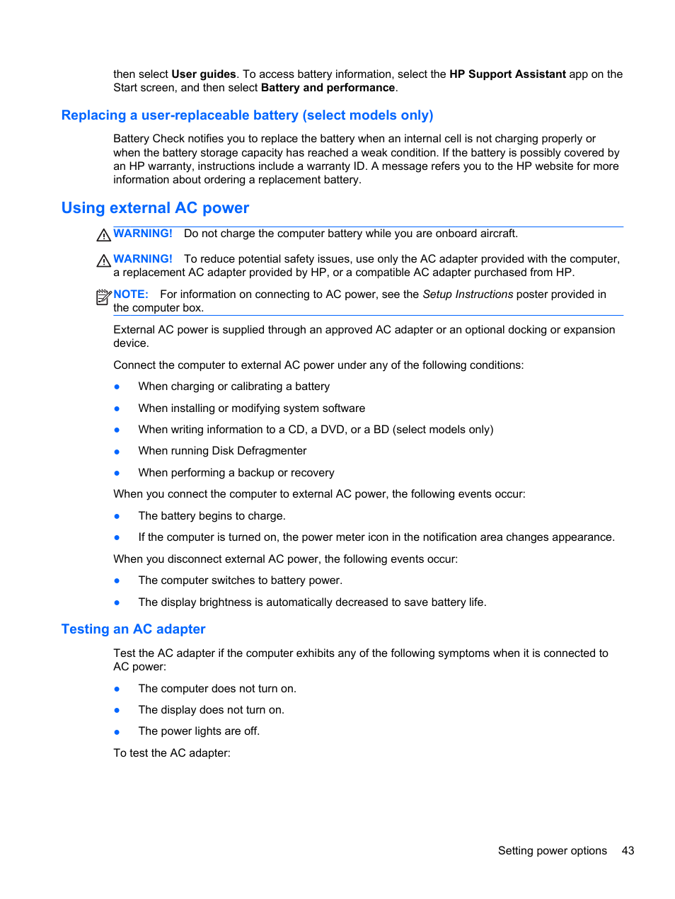 Using external ac power, Testing an ac adapter | HP ZBook 15 Mobile Workstation User Manual | Page 53 / 110