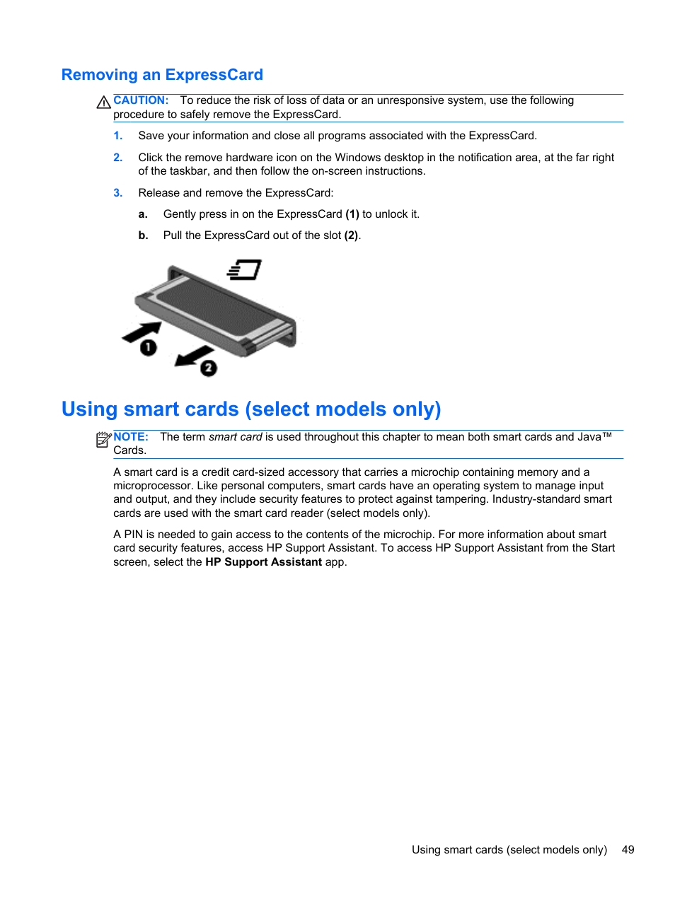 Removing an expresscard, Using smart cards (select models only) | HP ZBook 15 Mobile Workstation User Manual | Page 59 / 110