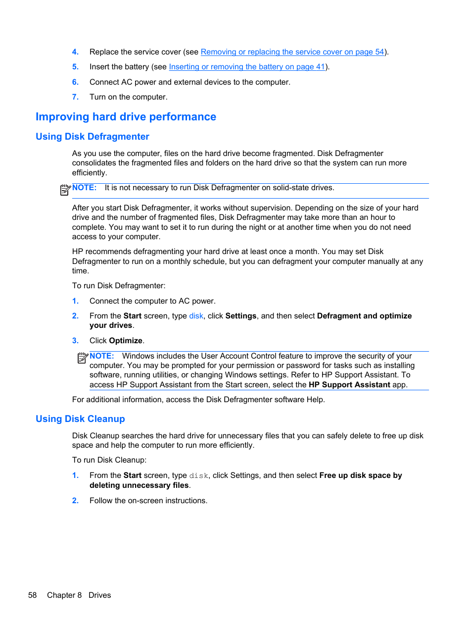 Improving hard drive performance, Using disk defragmenter, Using disk cleanup | Using disk defragmenter using disk cleanup | HP ZBook 15 Mobile Workstation User Manual | Page 68 / 110