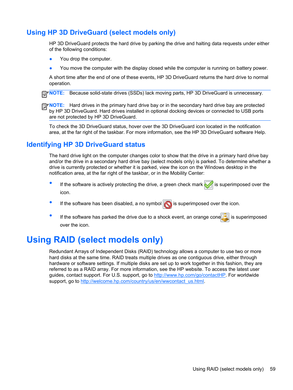 Using hp 3d driveguard (select models only), Identifying hp 3d driveguard status, Using raid (select models only) | HP ZBook 15 Mobile Workstation User Manual | Page 69 / 110