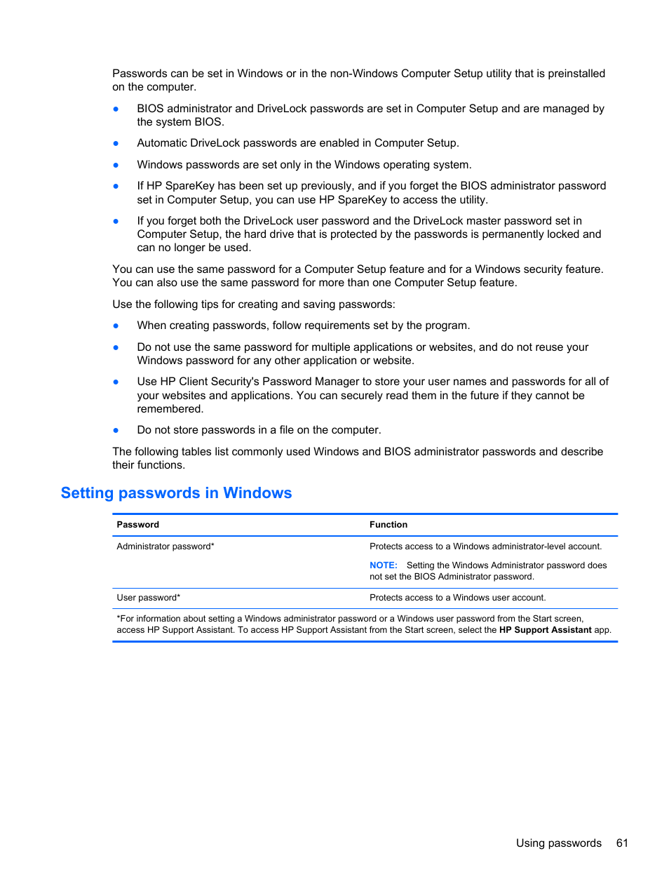 Setting passwords in windows | HP ZBook 15 Mobile Workstation User Manual | Page 71 / 110