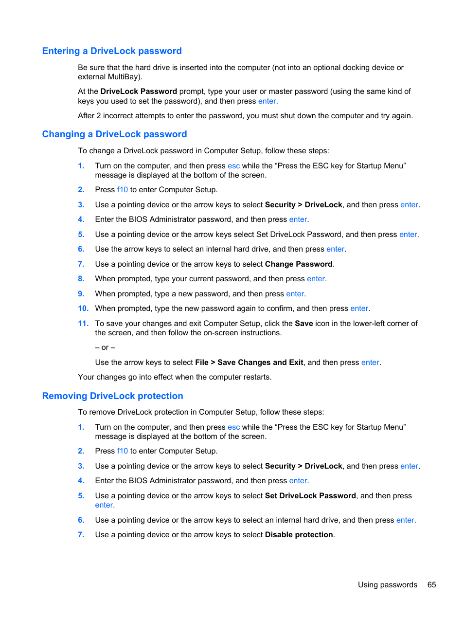 Entering a drivelock password, Changing a drivelock password, Removing drivelock protection | HP ZBook 15 Mobile Workstation User Manual | Page 75 / 110