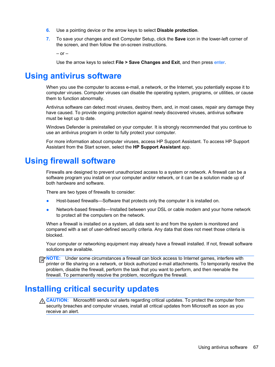 Using antivirus software, Using firewall software, Installing critical security updates | Using antivirus software using firewall software | HP ZBook 15 Mobile Workstation User Manual | Page 77 / 110