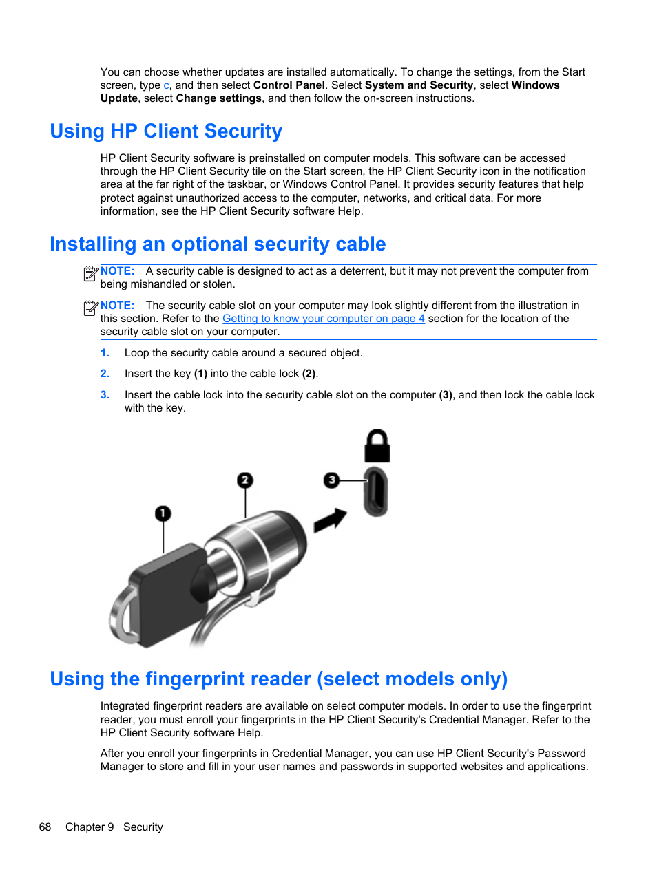 Using hp client security, Installing an optional security cable, Using the fingerprint reader (select models only) | HP ZBook 15 Mobile Workstation User Manual | Page 78 / 110