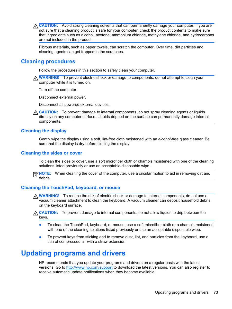 Cleaning procedures, Cleaning the display, Cleaning the sides or cover | Cleaning the touchpad, keyboard, or mouse, Updating programs and drivers | HP ZBook 15 Mobile Workstation User Manual | Page 83 / 110