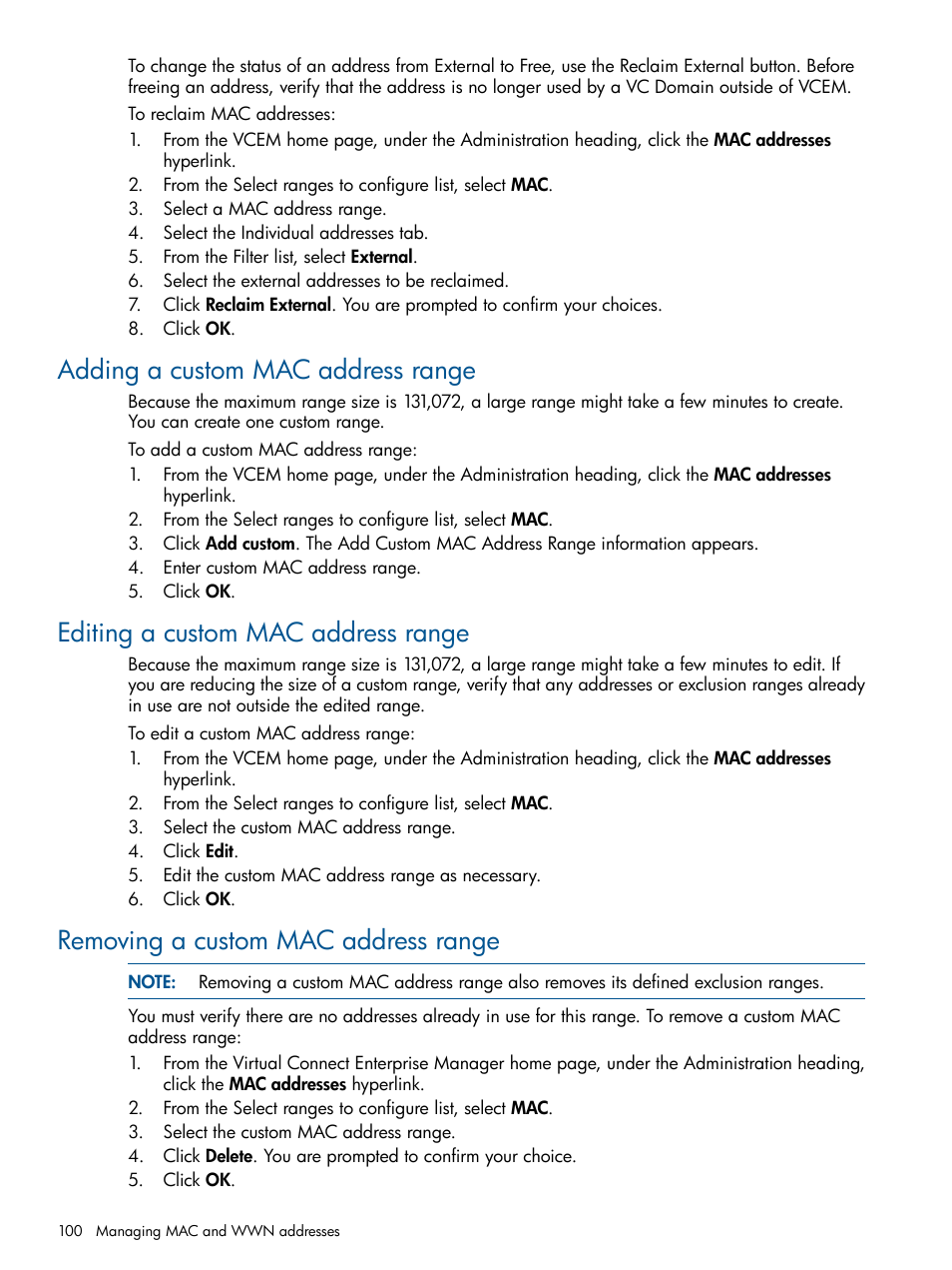 Adding a custom mac address range, Editing a custom mac address range, Removing a custom mac address range | HP Insight Management-Software User Manual | Page 100 / 147