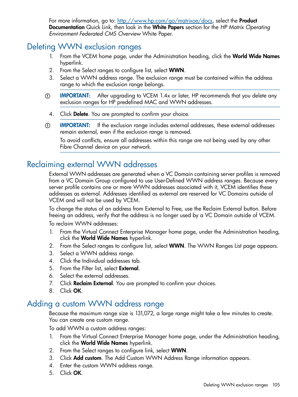 Deleting wwn exclusion ranges, Reclaiming external wwn addresses, Adding a custom wwn address range | HP Insight Management-Software User Manual | Page 105 / 147