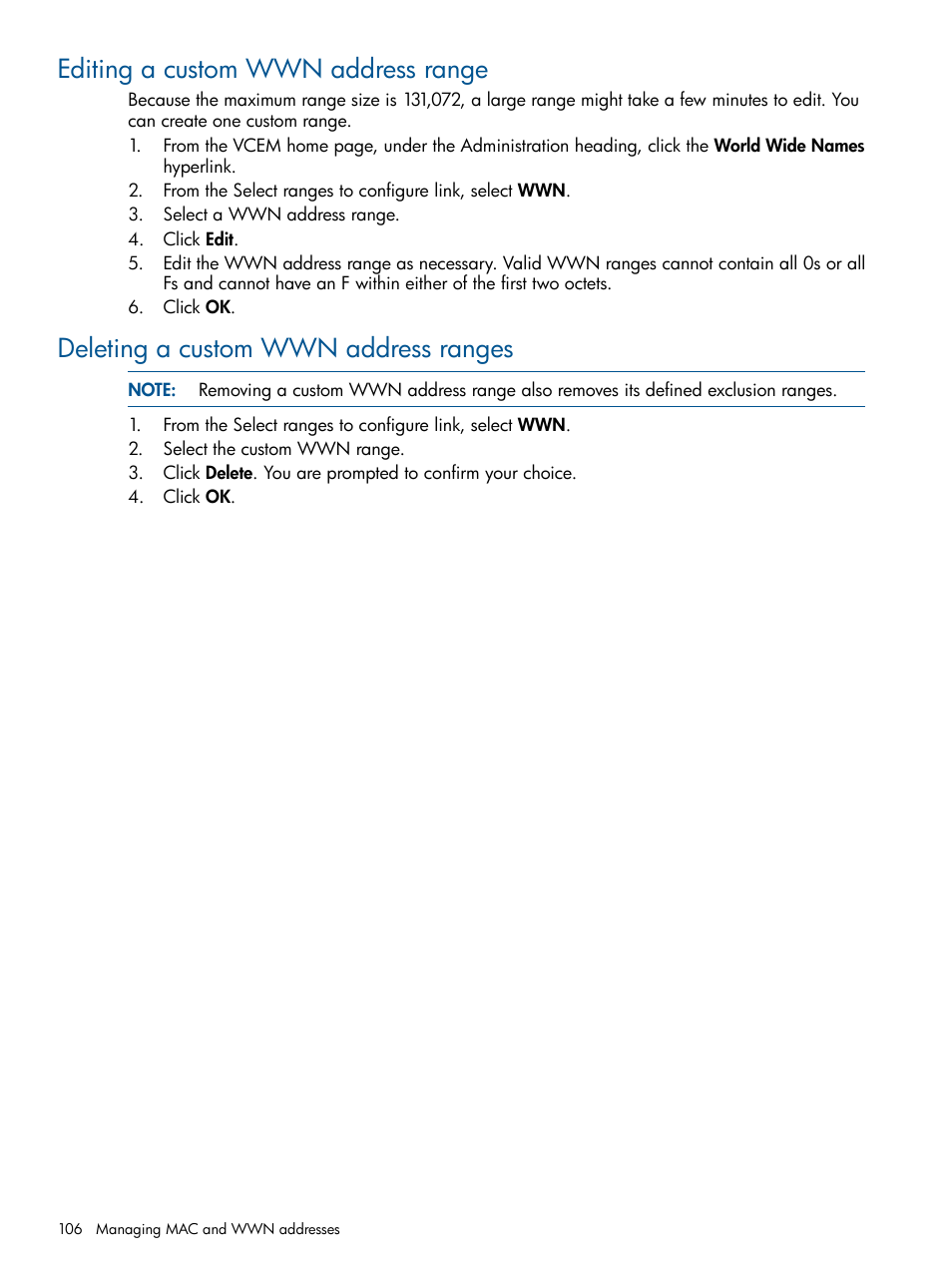 Editing a custom wwn address range, Deleting a custom wwn address ranges | HP Insight Management-Software User Manual | Page 106 / 147