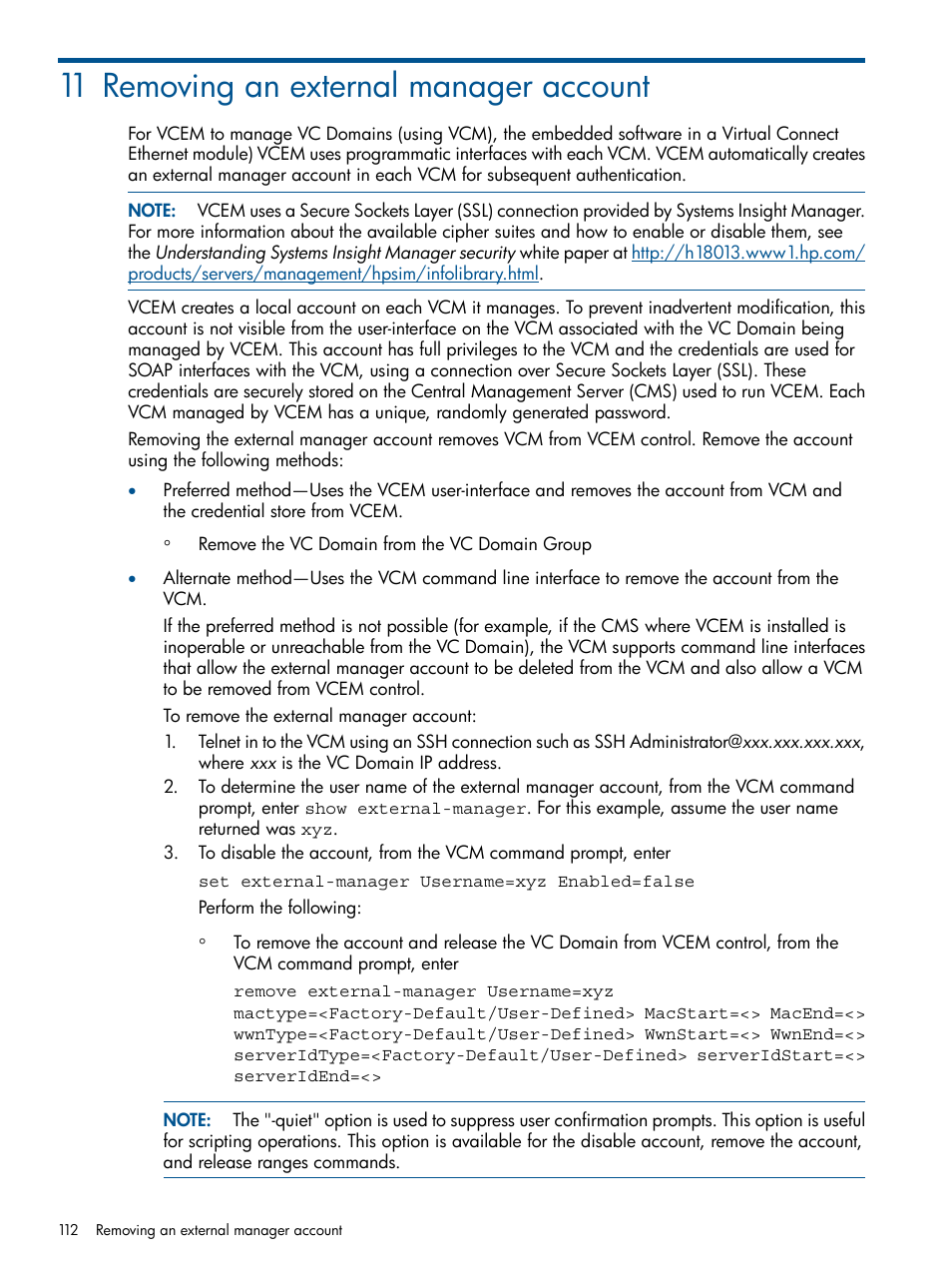 11 removing an external manager account | HP Insight Management-Software User Manual | Page 112 / 147