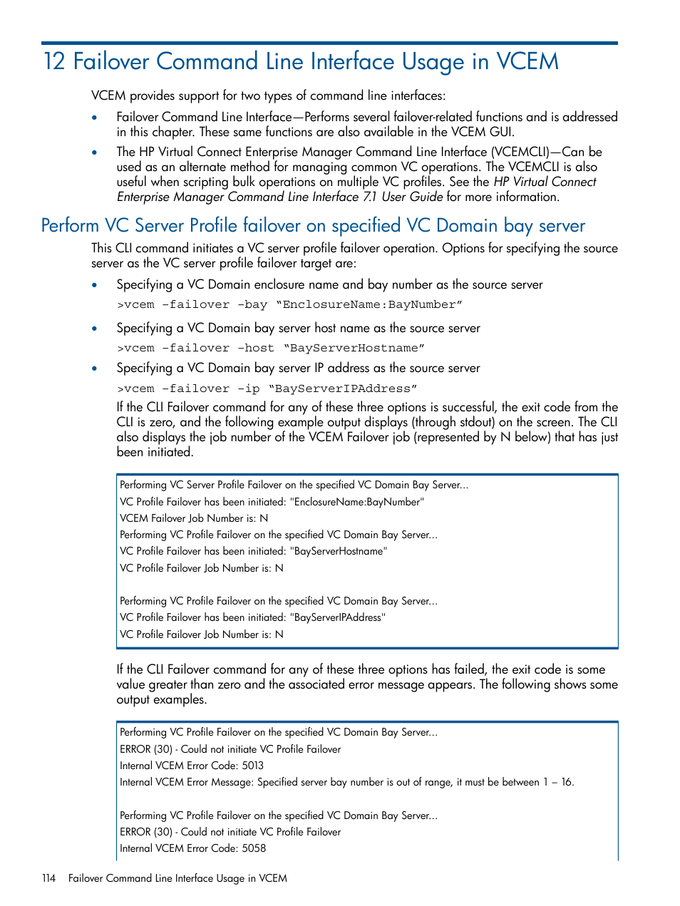 12 failover command line interface usage in vcem | HP Insight Management-Software User Manual | Page 114 / 147