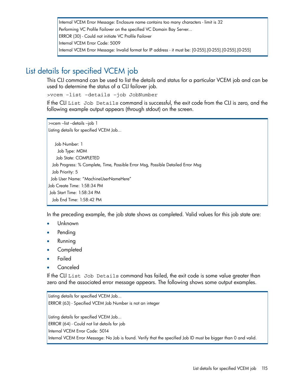 List details for specified vcem job | HP Insight Management-Software User Manual | Page 115 / 147