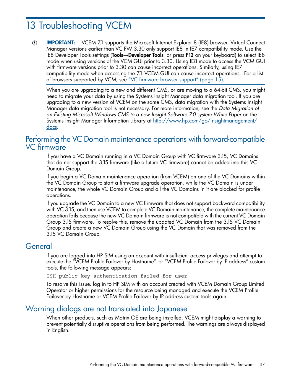 13 troubleshooting vcem, General, Warning dialogs are not translated into japanese | HP Insight Management-Software User Manual | Page 117 / 147