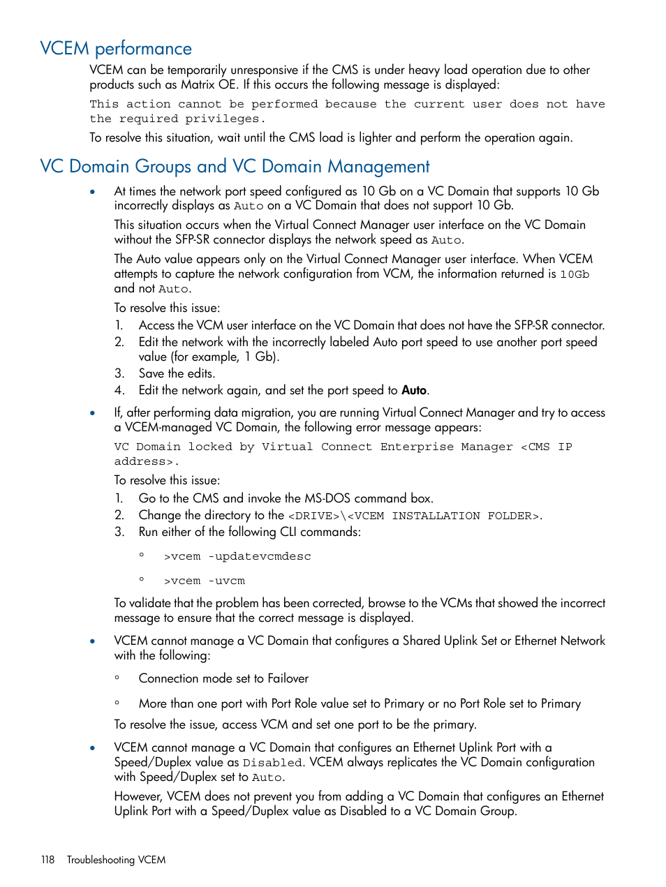 Vcem performance, Vc domain groups and vc domain management | HP Insight Management-Software User Manual | Page 118 / 147