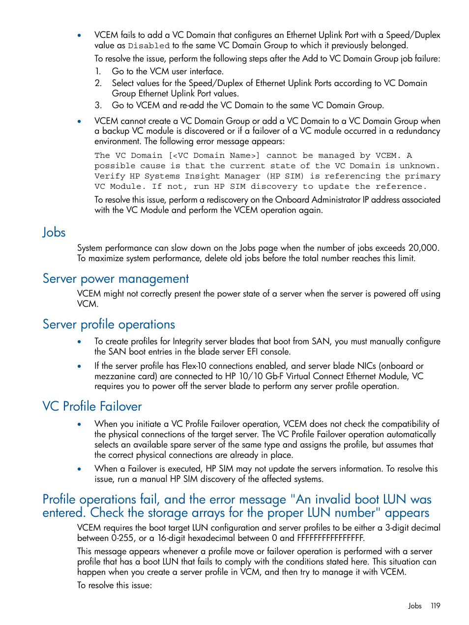 Jobs, Server power management, Server profile operations | Vc profile failover | HP Insight Management-Software User Manual | Page 119 / 147