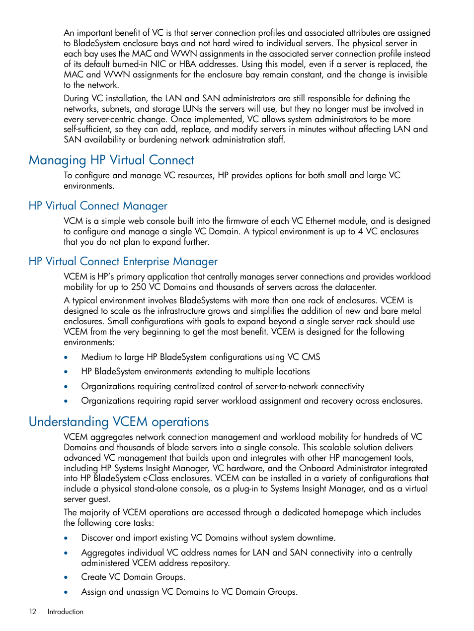 Managing hp virtual connect, Hp virtual connect manager, Hp virtual connect enterprise manager | Understanding vcem operations | HP Insight Management-Software User Manual | Page 12 / 147