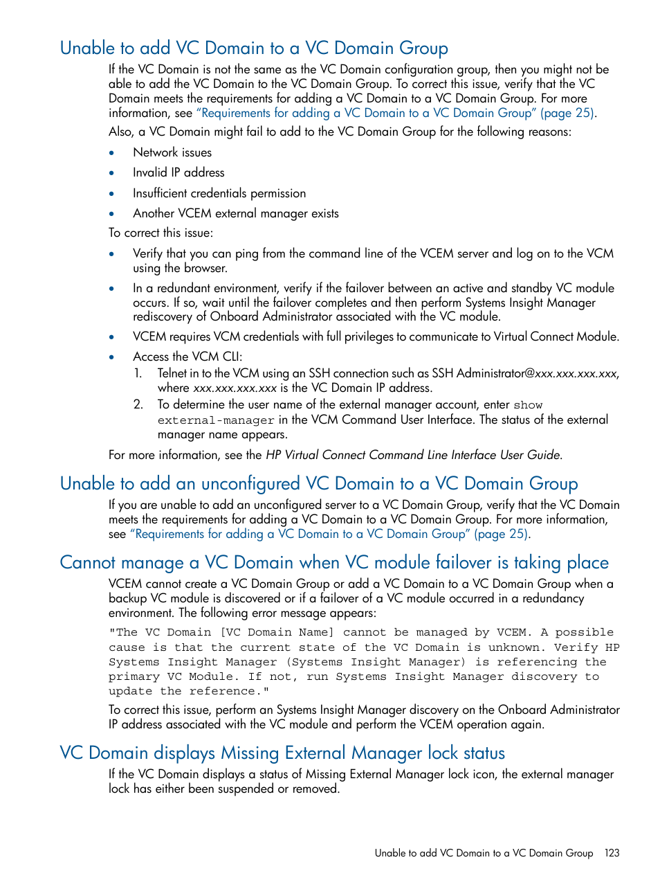 Unable to add vc domain to a vc domain group | HP Insight Management-Software User Manual | Page 123 / 147