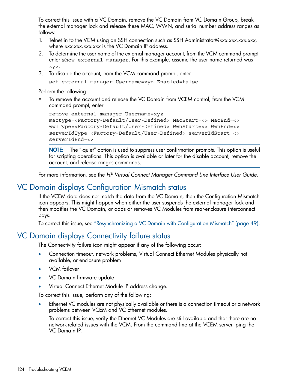 Vc domain displays configuration mismatch status, Vc domain displays connectivity failure status | HP Insight Management-Software User Manual | Page 124 / 147