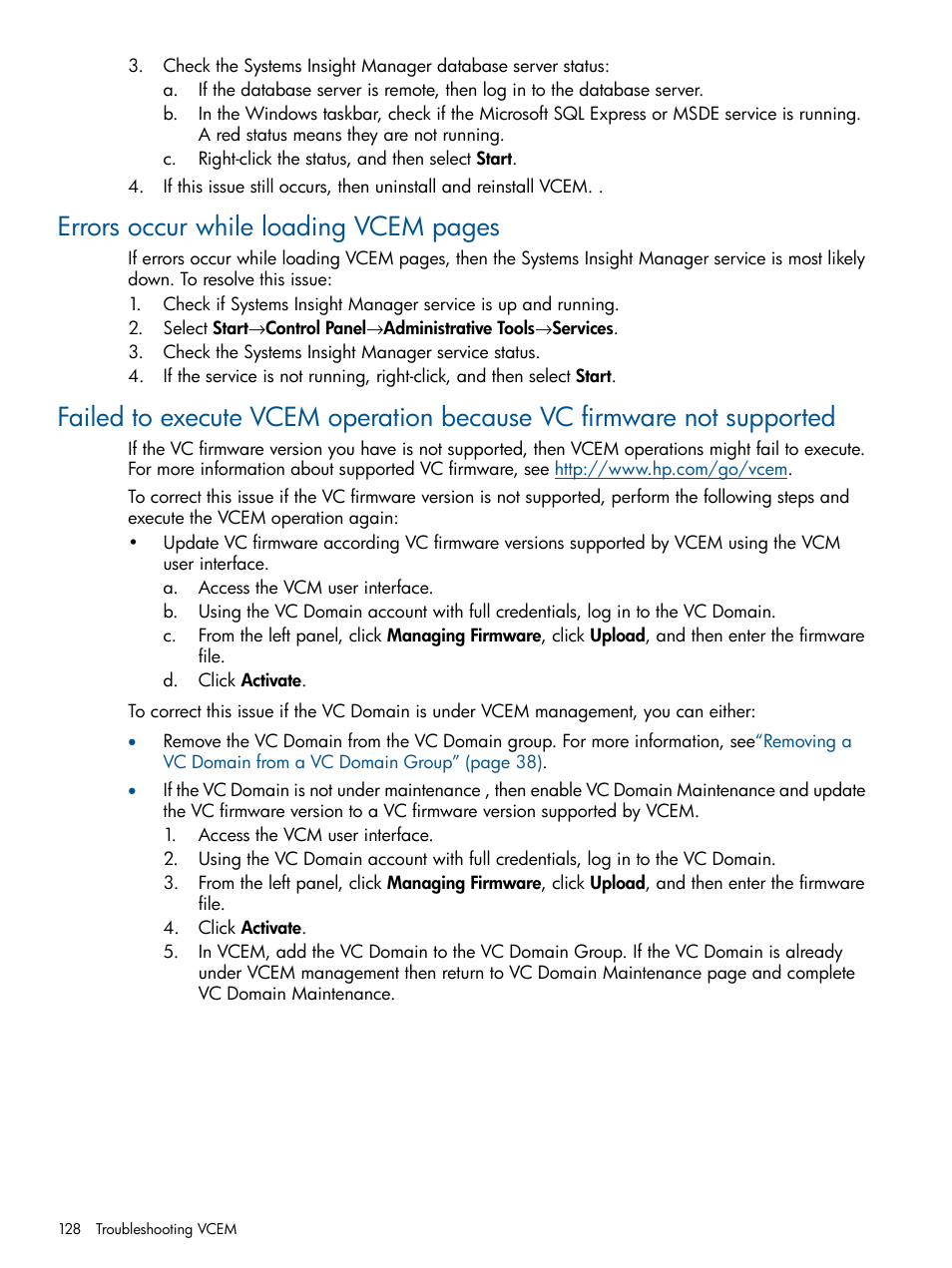 Errors occur while loading vcem pages | HP Insight Management-Software User Manual | Page 128 / 147