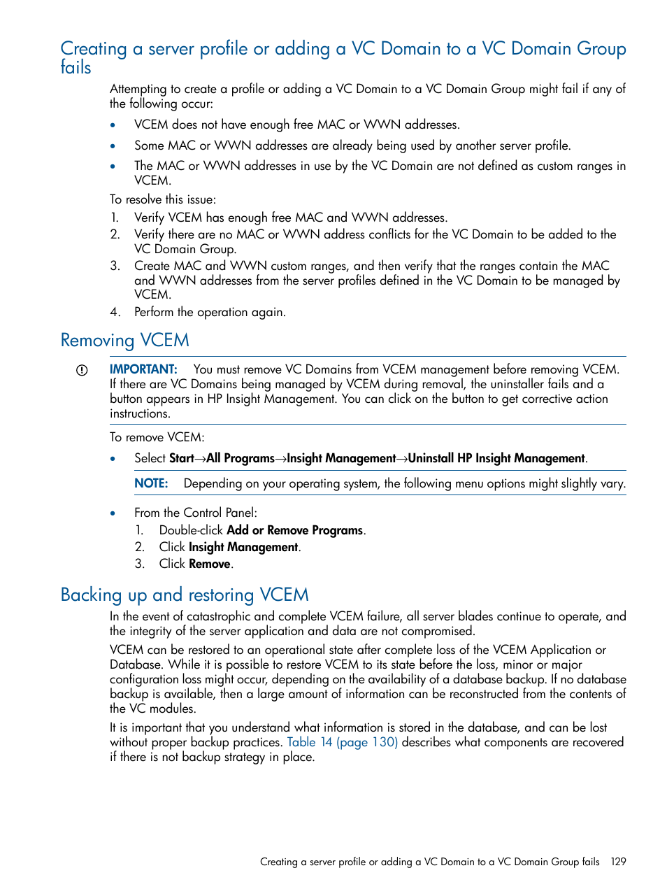 Removing vcem, Backing up and restoring vcem | HP Insight Management-Software User Manual | Page 129 / 147