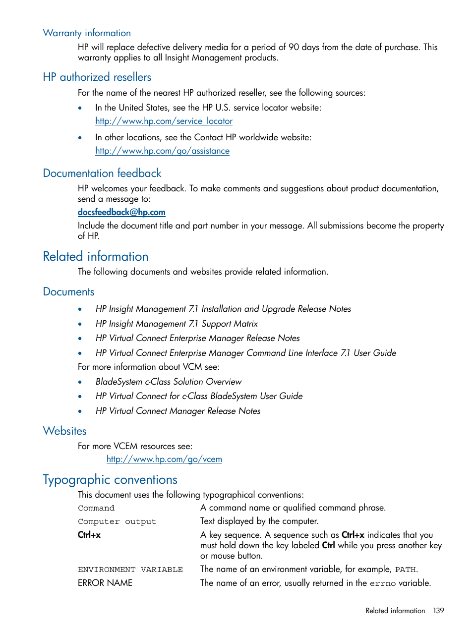 Warranty information, Hp authorized resellers, Documentation feedback | Related information, Documents, Websites, Typographic conventions, Hp authorized resellers documentation feedback, Documents websites | HP Insight Management-Software User Manual | Page 139 / 147